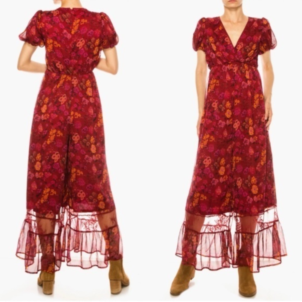 NWT A Collective Story Lace Ruffle Floral Puff Sleeve Wide Leg Jumpsuit Medium